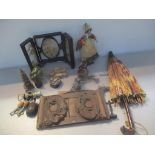 A mixed lot to include a Chinese diorama, vintage parasol, early 20th century book rack, vintage