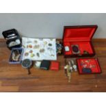 Costume jewellery and wristwatches to include paste set brooches, necklaces, five watches and a