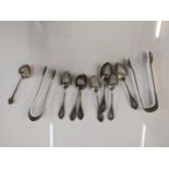 Silver and silver coloured metal to include seven teaspoons stamped 800, two sugar tongs and a