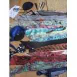 Vintage scarves to include a Jacqmar horse stirrup and belt design scarf, a blue, silk tasselled
