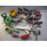 Mixed vintage toys to include lead animals, Corgi space shuttle, Matchbox Thunderbirds and others