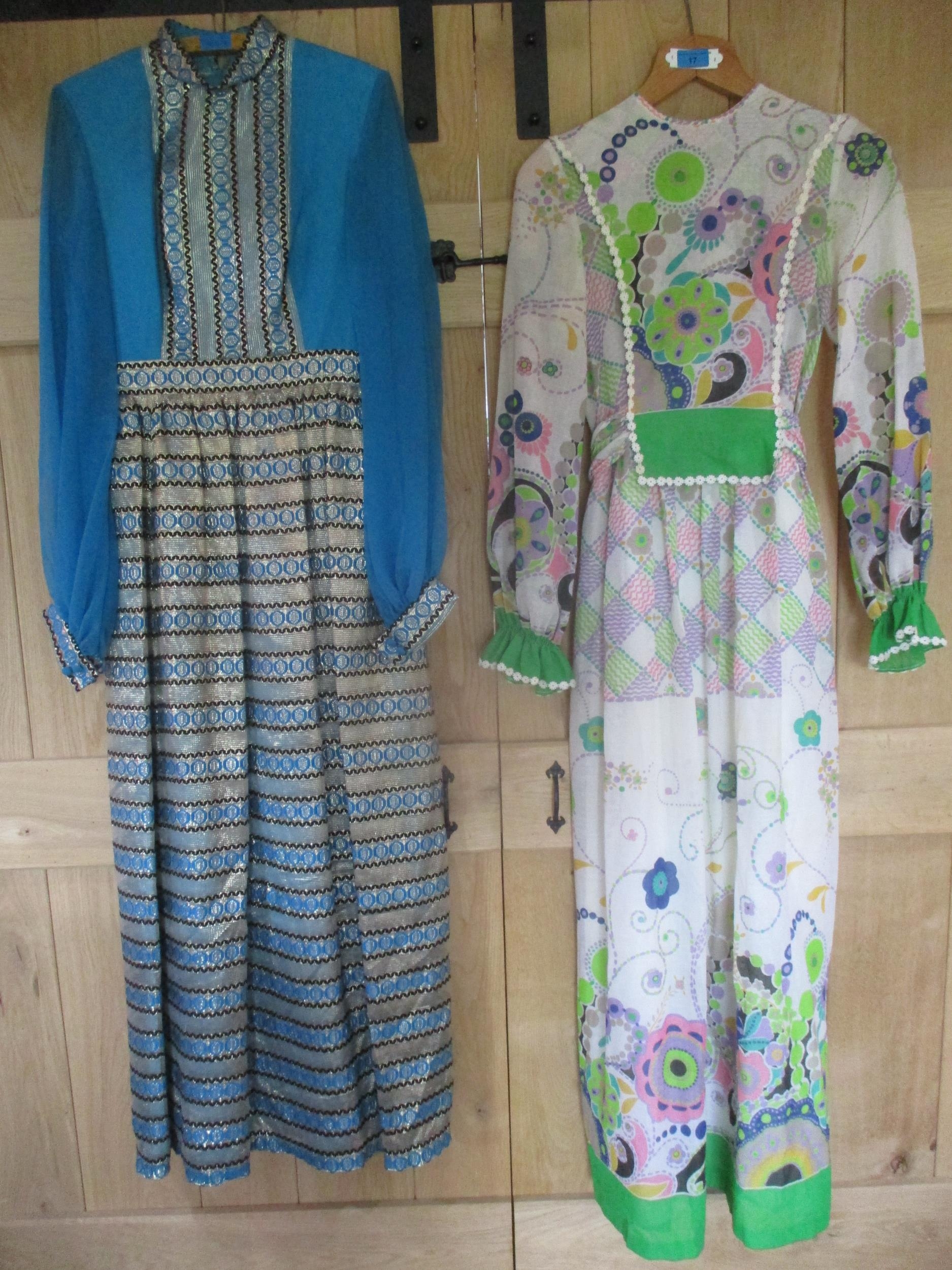 A 1970's Flower Power full length sheer cotton ladies dress having a lime green partial waistband,