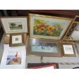 A bamboo framed wall mirror and a group of framed and glazed prints, one signed Ute S. Martens, a