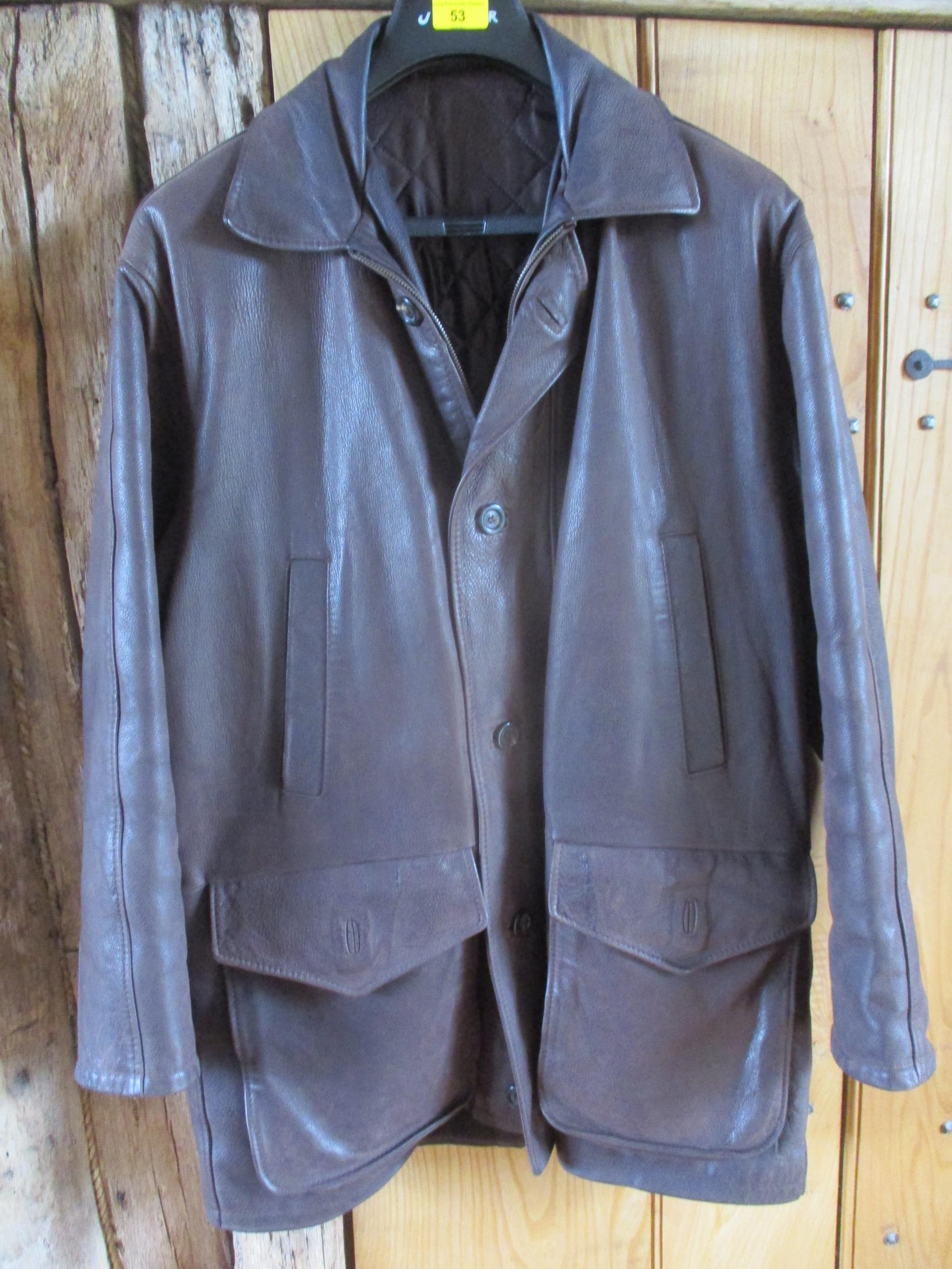 A gents Vera Pelle Italian leather brown leather over coat with two chest pockets and two deep front