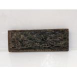 A dark green jade coloured plaque carved with a hunting scene to each side, 20cm wide