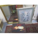 A modern gilt framed bevelled mirror, an Asian print on canvas, and a portrait of ballerinas