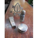 A small silver circular trinket/rouge box marked S.G together with an engine turned silver vesta