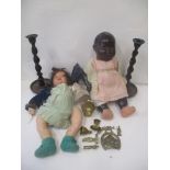 Two German composition jointed dolls to include a 342-3 together with two treen candlesticks and