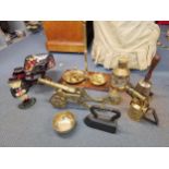 Brass and metal ware to include two sets of scales, a model of a cannon, a lantern, two bells, a