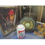 A lot of film related items to include a Titanic lifeboat wall hanging clock, along with a