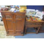 A modern oak single drawer side table and a matching oak stereo cabinet