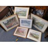 Four watercolours by Joy Brand, together with a limited edition print by H K Whatmore, and one other