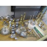 Silver plate to include a tea set, bottle coaster, candelabra, brassware, candlesticks, ewers,