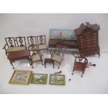 Dolls house furniture to include a square piano signed by Linda Grant 1995 and painted by Lillian