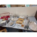 A quantity of silver plate together with two cased Laguiole knife and fork sets, Solingen cutlery,