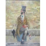 D Denahy - a portrait of a tramp sat on a dustbin, oil on board, signed and dated 1970, 43 x 49.5cm