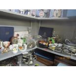 A quantity of table glass, ornaments and silver plate to include a Nao figurine, part tea sets,