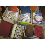 Five boxes of cigarette cards, stamps and ephemera