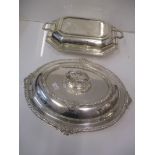 Two silver plated entrée dishes to include an engraved example by Thomas Bradbury 1865