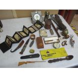 A mixed lot to include a Scottish white metal handled knife in leather and white metal mounted
