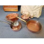 Copper ware to include a set of four French saucepans, a large saucepan, a teapot and an oven pot