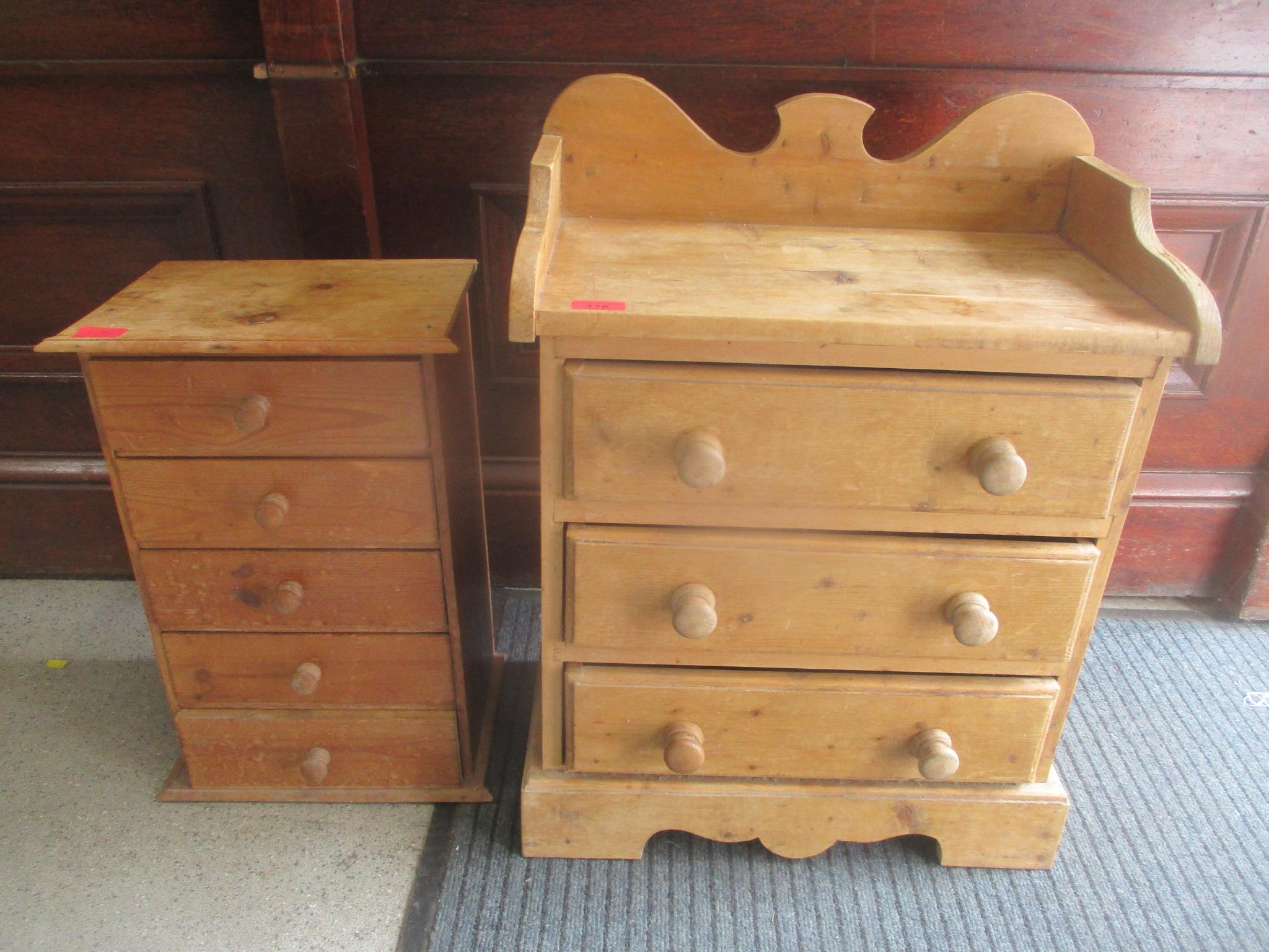 A late 20th century pine chest of three drawers, 66cm x 50cm and a five drawer collectors chest A/F