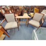 A pair of teak carver dining chairs, together with a pine bench Location: C