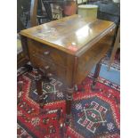 A Victorian mahogany work table having fall flap, two inset drawers and one faux drawer, standing on