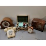 A mixed lot to include a cased set of Jonelle boules, an Art Deco oak mantel clock, a Peter copper