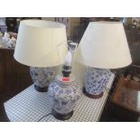 Three table lamps to include two Chinese style blue and white crackle glazed lamps