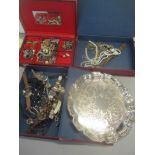 A selection of costume jewellery together with mixed wrist watches and a silver plated tray