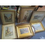 A mixed lot of pictures to include a oil on board, framed and glazed costal scene watercolours