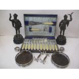 Silver plate to include a pair of bottle coasters, knife rests, salt and pepper, fish knives and