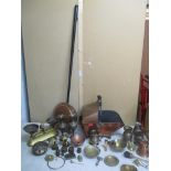 Metalware to include a copper coal scuttle, warming pan, vase, scales and other items Location: LWF