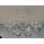 A Waterford crystal decanter together with two Waterford tazzas, a Lalique robin (with chip) and a