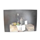 R. Walker - oil on canvas still life depicting jars, bottles and cans on a box, signed to the