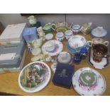 Collectable ceramics to include Beleek jugs, egg cup, Wedgwood blue Jasper stoneware, decorative