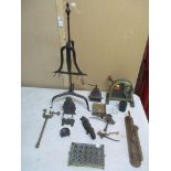 A selection of 18th/19th century and later metalwares to include an iron lark spit with adjustable