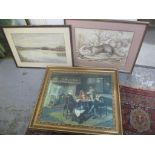 Three pictures to include a watercolour depicting a country landscape and a sketch depicting two