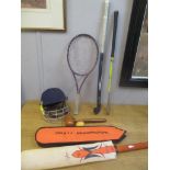 Sporting equipment to include a Woodworm cricket bat and helmet, two hockey sticks and a Wilson