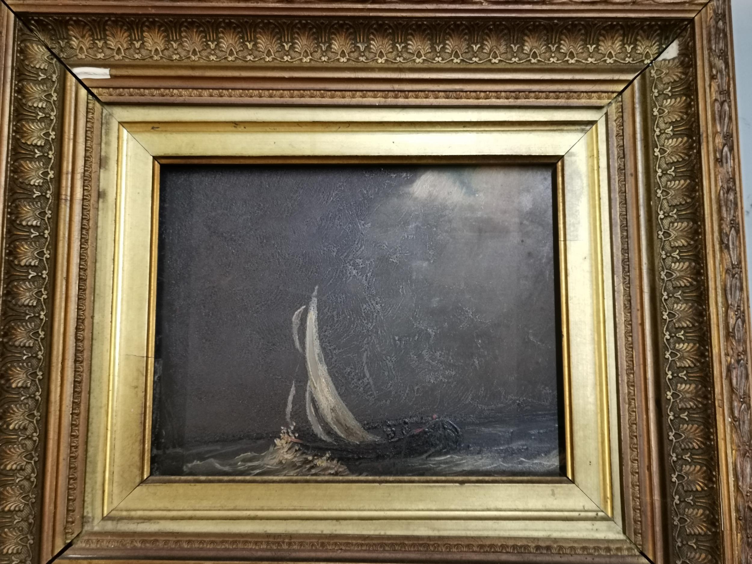 An oil panel of a boat at sea together with a print on canvas, a watercolour of a church, a mirror - Image 2 of 4