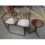 Small furniture to include a pair of oak framed chairs, a wine table and a mirror