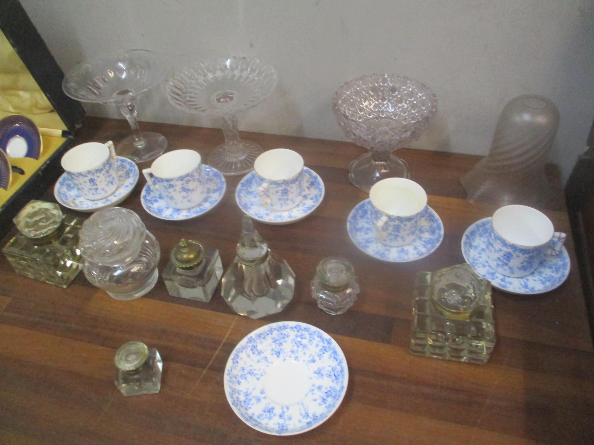 Glassware and ceramics to include five inkwells, glass tazzas, glass light shade, other items and