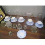 Glassware and ceramics to include five inkwells, glass tazzas, glass light shade, other items and