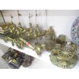 Ten brass ornamental displays of militaria to include four knights on horseback, four cannons and