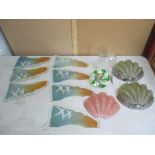 A selection of glass lighting to include three Art Deco clam shell glass shades, the two green