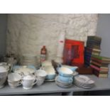 A mixed lot to include a Japanese part dinner service, vintage books and records and a purple