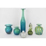 Six Mdina Art glass pieces to include four vases, Sea house and a scent bottle. Condition: no damage