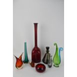 Three Murano Sommerso glass vases together with an Art Deco smoky glass decanter, possibly