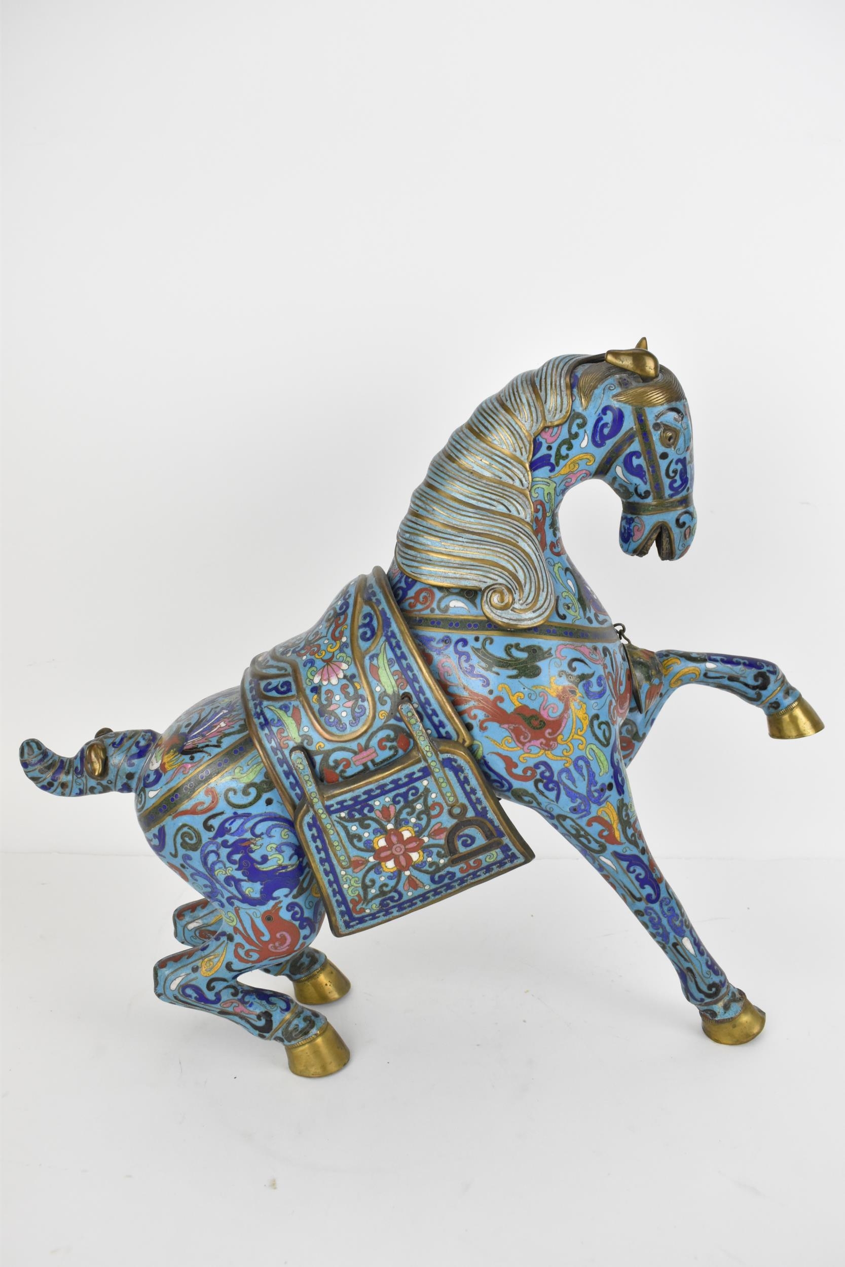 A large Chinese cloisonné enamel mode of a rearing horse, 41cm h